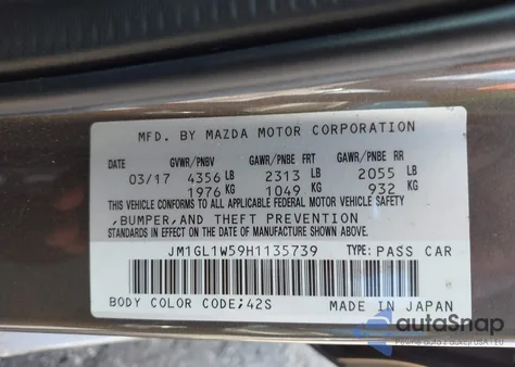 2017 Mazda Mazda6 Grand Touring из США, поврежденный, VIN JM1GL1W59H1135739